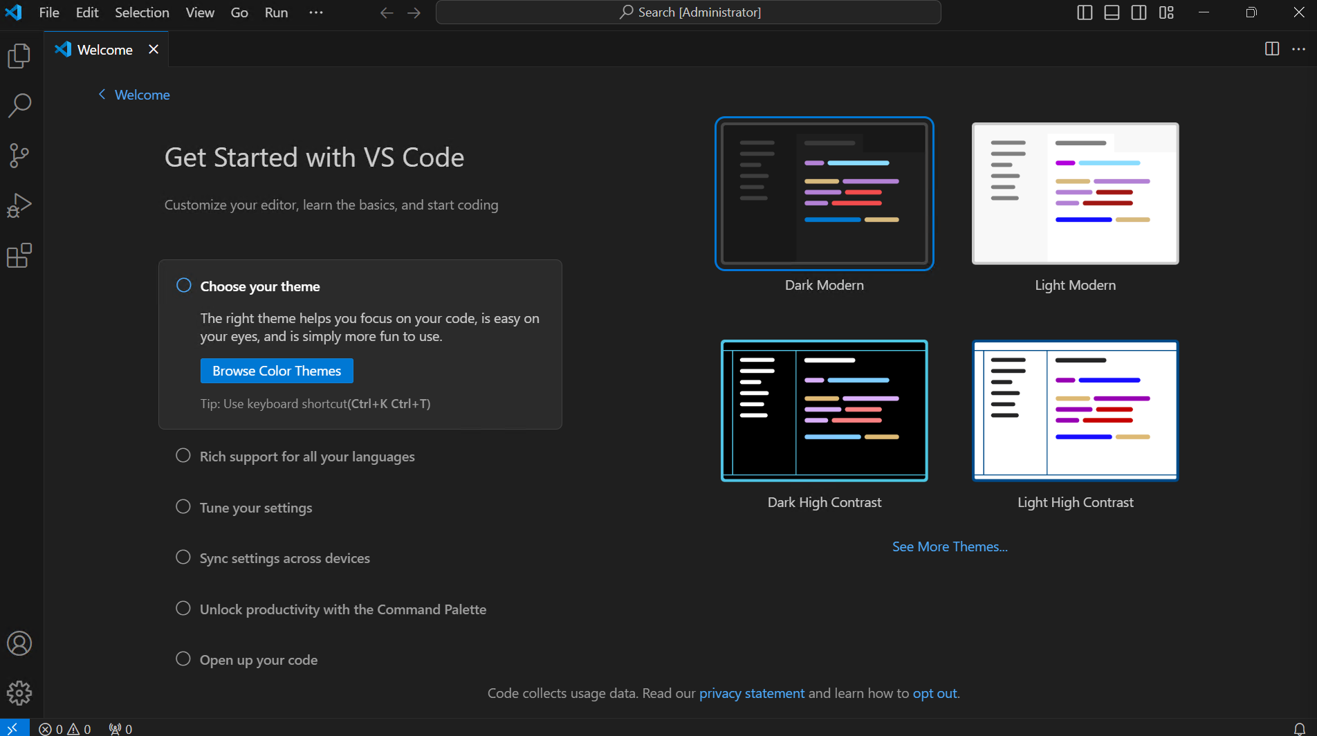 Primera pantalla de VS Code